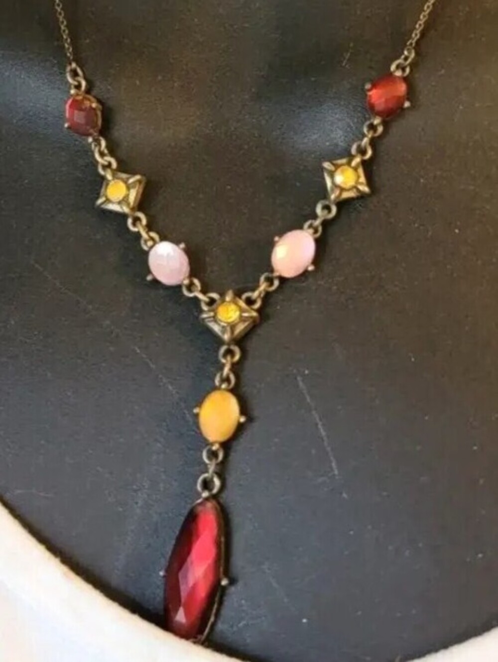 Victorian Style Drop Necklace, Pink, Red, Orange, Bronze-tone Romantic rd03-36